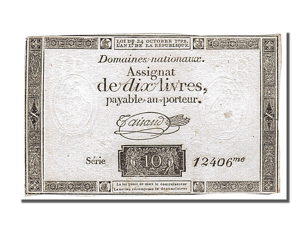 FRANCE, 10 Livres, 1792, 1792-10-24, VF(30-35), Lafaurie #161.b, FRANCE, 10...