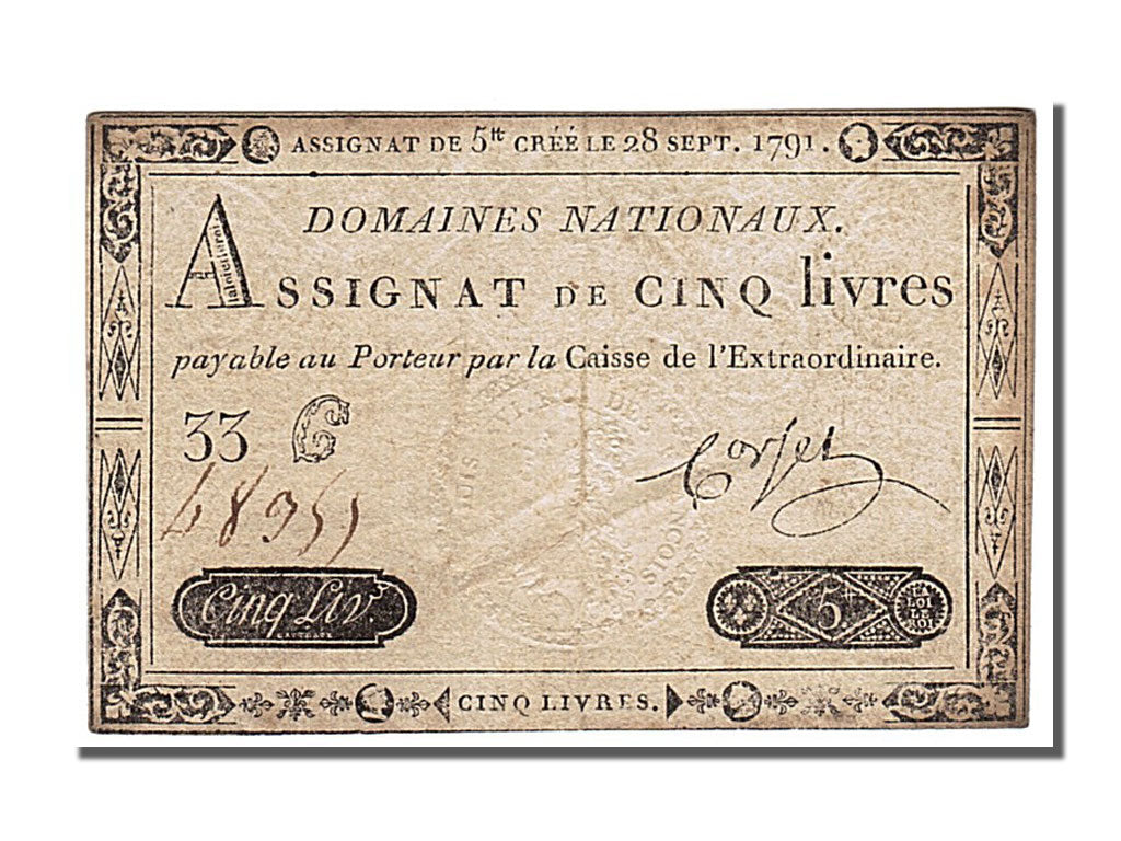 FRANCE, 5 Livres, 1791, 1791-09-28, EF(40-45), Lafaurie #144, FRANCE, 5 Livres,.