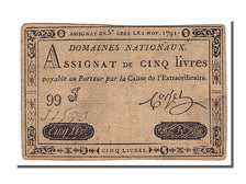 FRANCE, 5 Livres, 1791, 1791-11-01, EF(40-45), Lafaurie #145, FRANCE, 5 Livres,.