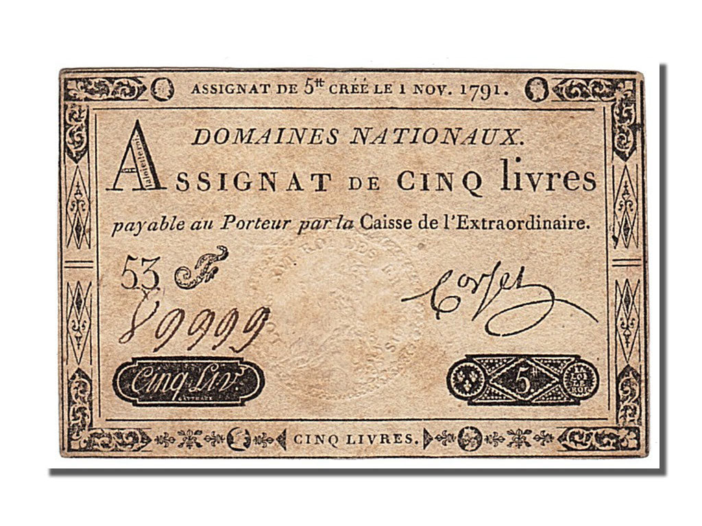 FRANCE, 5 Livres, 1791, 1791-11-01, EF(40-45), Lafaurie #145, FRANCE, 5 Livres,.