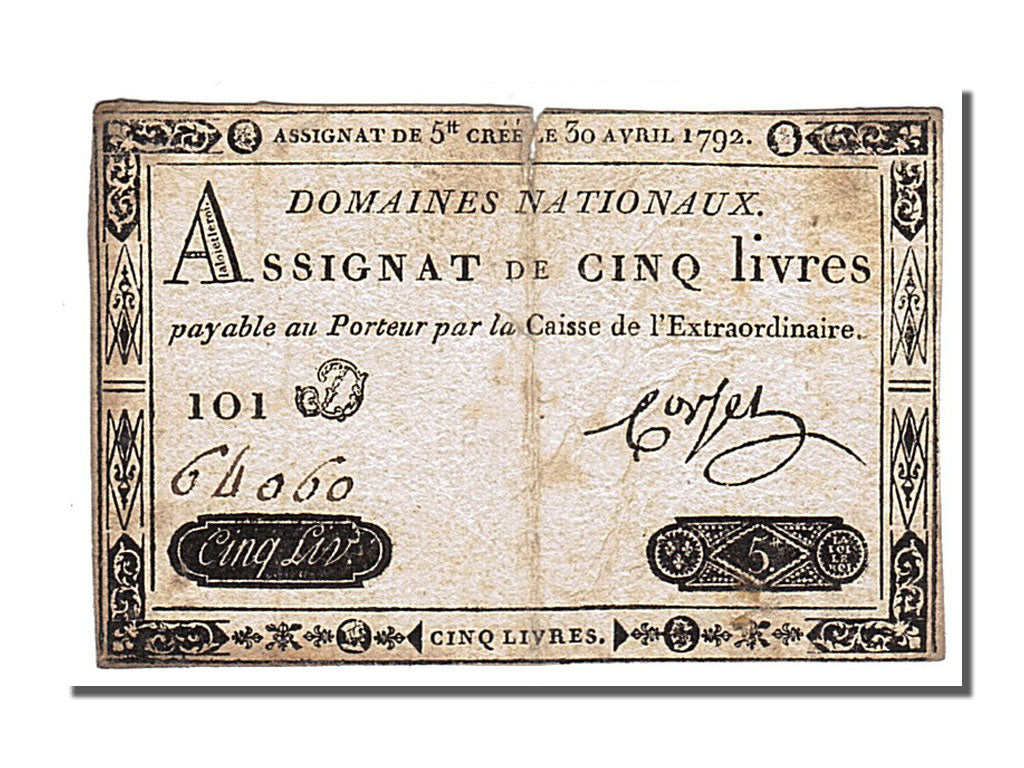 FRANCE, 5 Livres, 1792, 1792-04-30, VF(20-25), Lafaurie #152, FRANCE, 5 Livres,.
