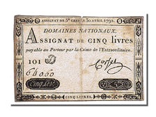 FRANCE, 5 Livres, 1792, 1792-04-30, VF(20-25), Lafaurie #152, FRANCE, 5 Livres,.