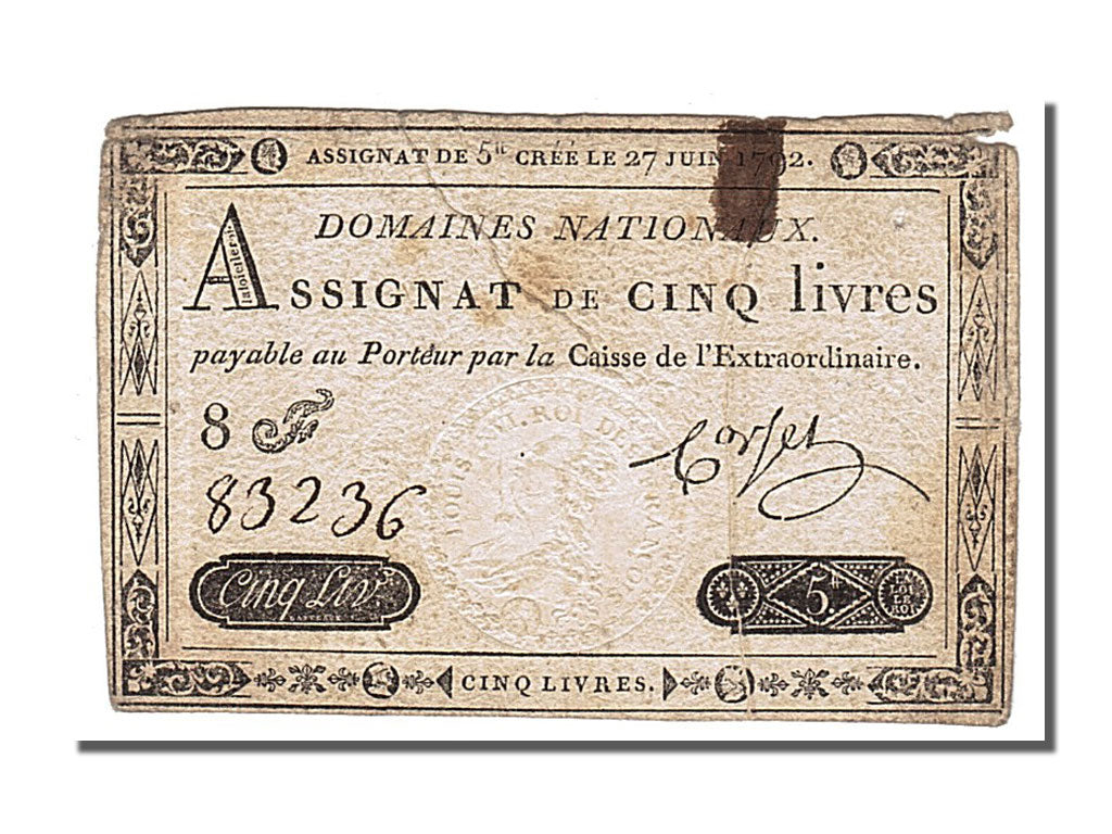 FRANCE, 5 Livres, 1792, 1792-06-27, VF(20-25), Lafaurie #155, FRANCE, 5 Livres,.