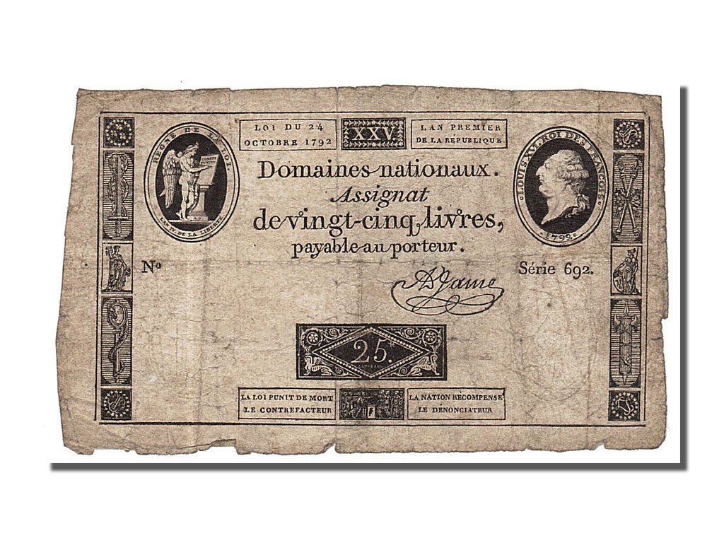 France, 25 Livres, 1792, KM #A67, 1792-10-24, VF(30-35), Lafaurie #162, France,.