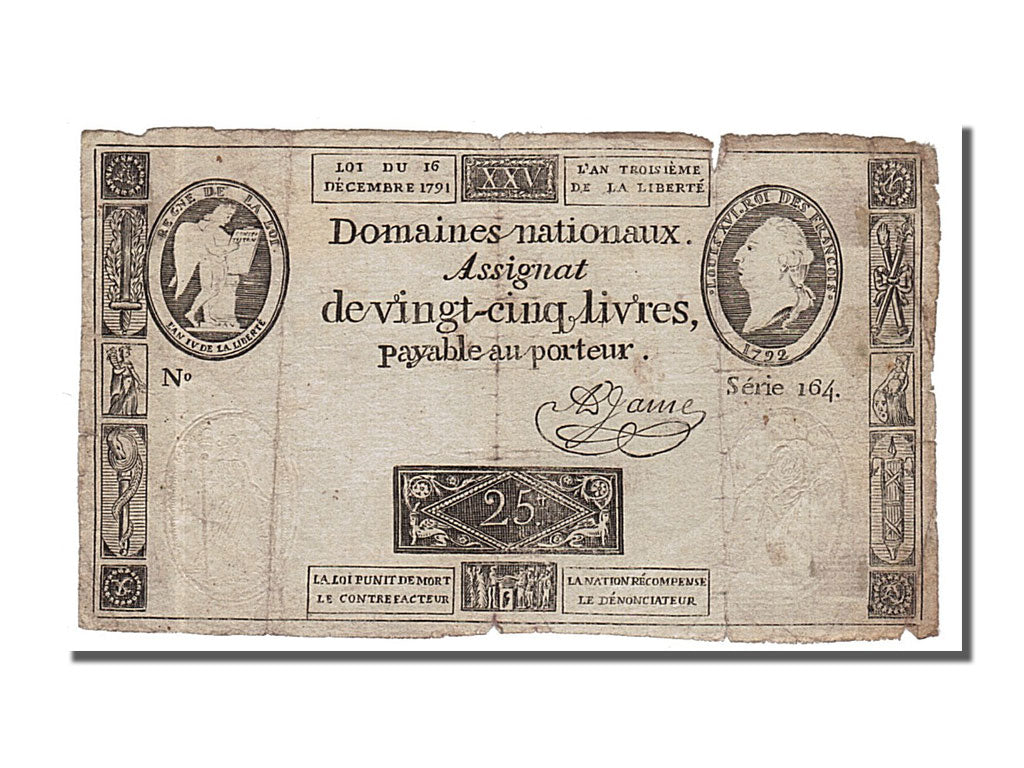 FRANCE, 25 Livres, 1791, 1791-12-16, VF(20-25), Lafaurie #147, FRANCE, 25...