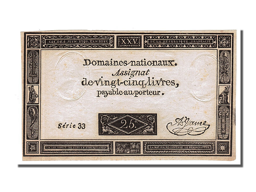FRANCE, 25 Livres, 1793, 1793-06-06, AU(55-58), Lafaurie #168, FRANCE, 25...