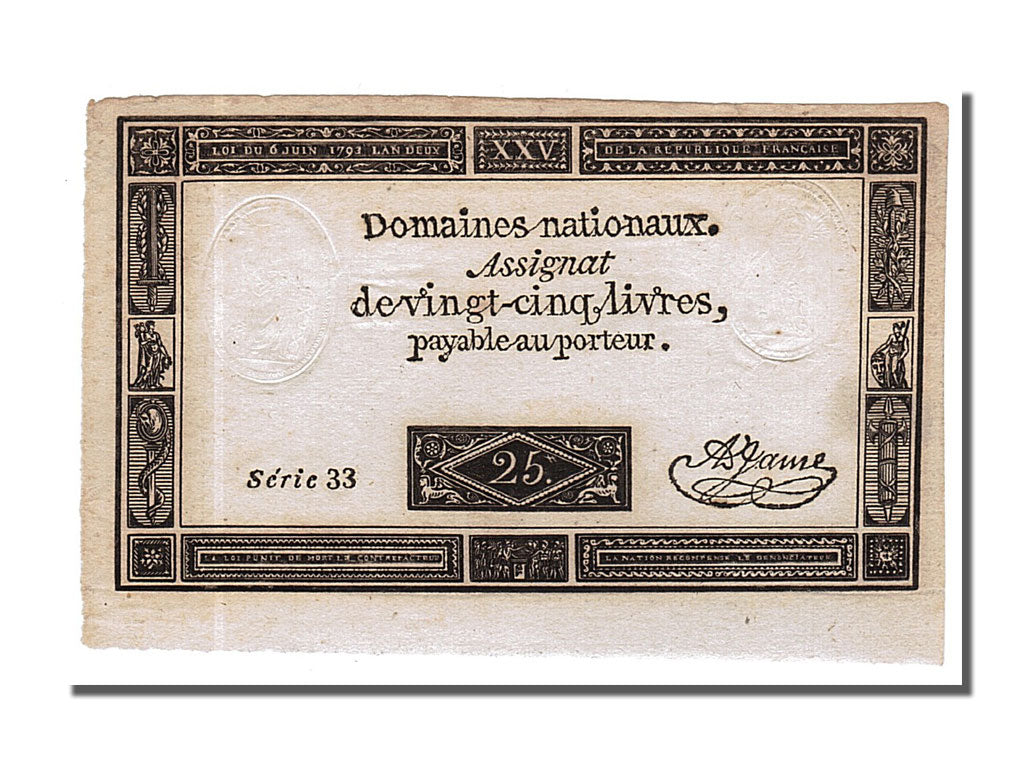 FRANCE, 25 Livres, 1793, 1793-06-06, AU(50-53), Lafaurie #168, FRANCE, 25...