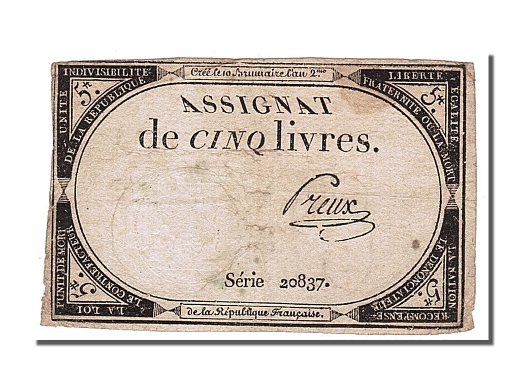 FRANCE, 5 Livres, 1793, 1793-10-31, EF(40-45), Lafaurie #171, FRANCE, 5 Livres,.