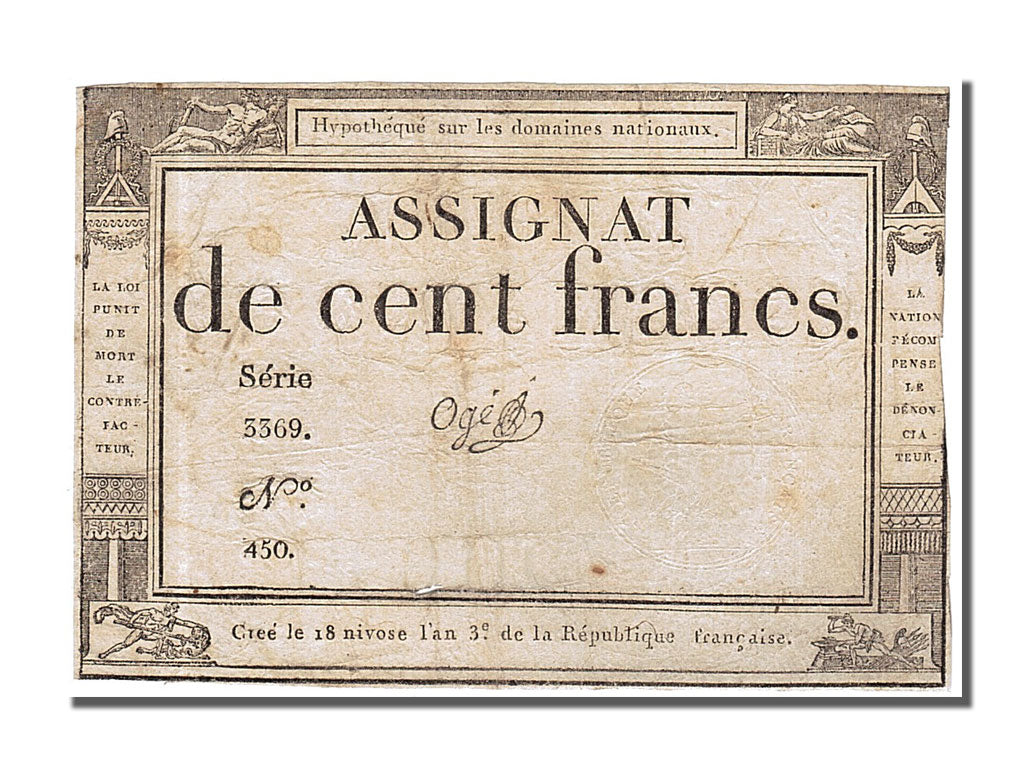 France, 100 Francs, 1795, KM #A78, 1795-01-07, VF(30-35), Lafaurie #173,...