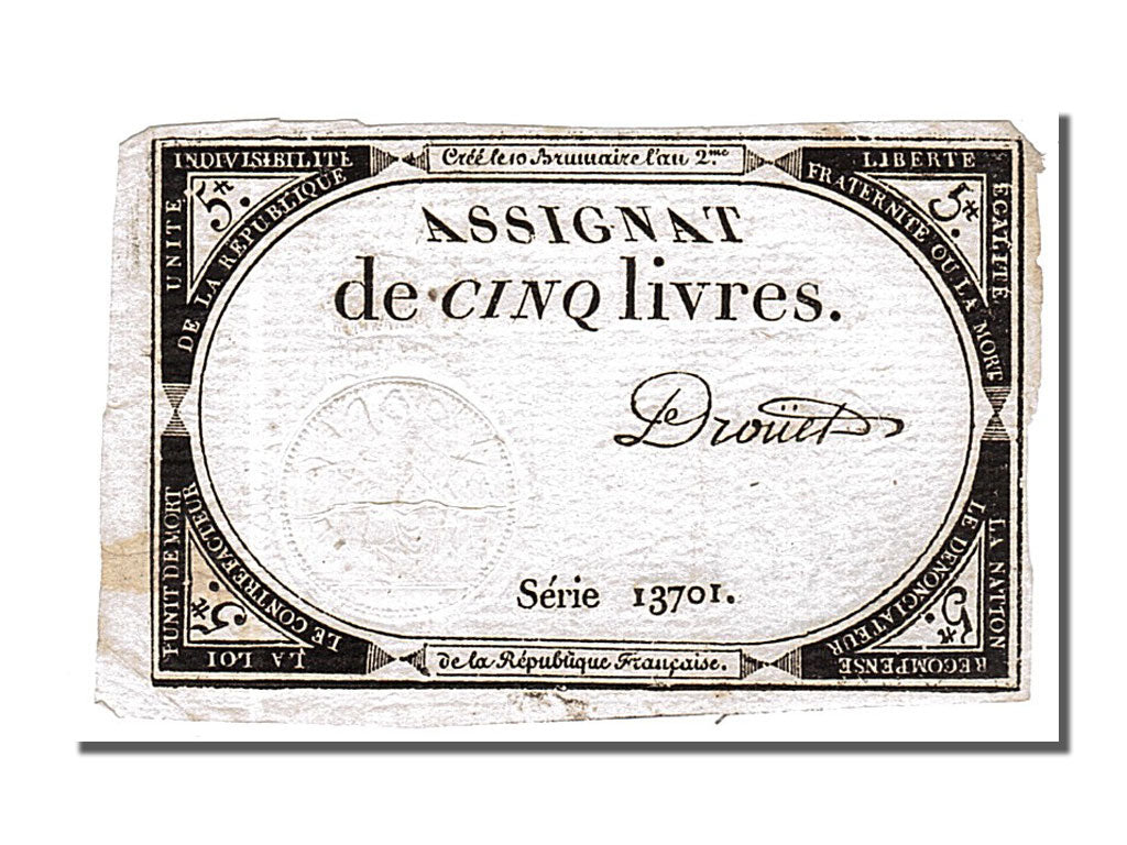 FRANCE, 5 Livres, 1793, 1793-10-31, AU(55-58), Lafaurie #171, FRANCE, 5 Livres,.