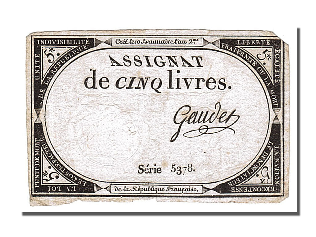 FRANCE, 5 Livres, 1793, 1793-10-31, EF(40-45), Lafaurie #171, FRANCE, 5 Livres,.