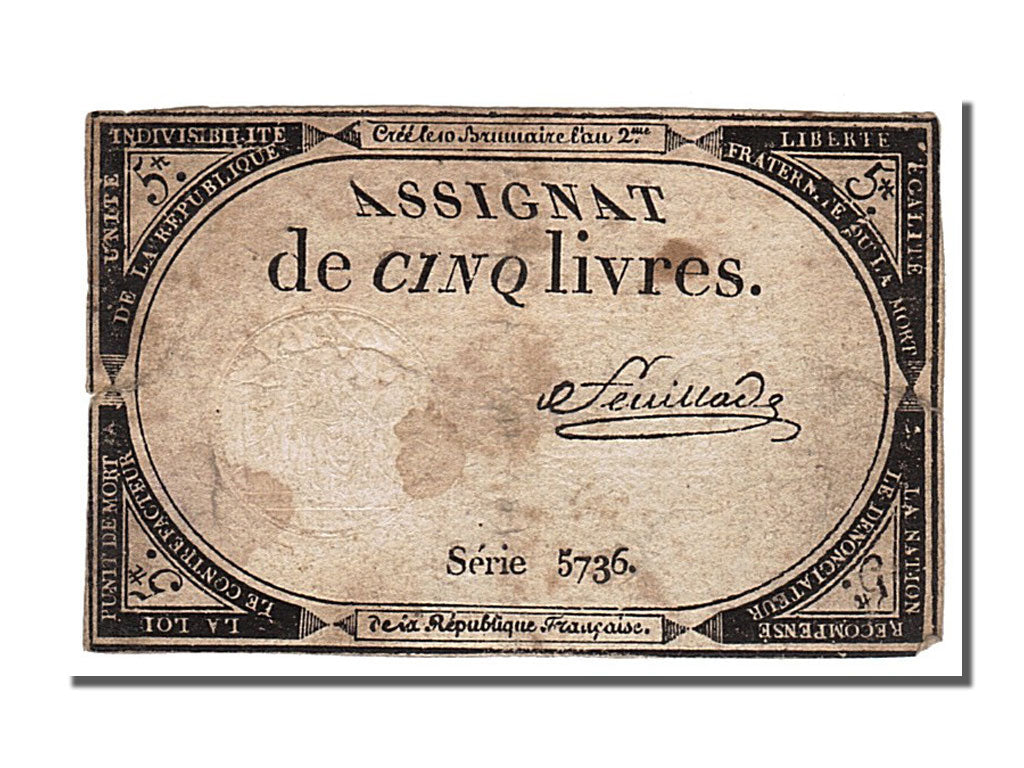 FRANCE, 5 Livres, 1793, 1793-10-31, EF(40-45), Lafaurie #171, FRANCE, 5 Livres,.