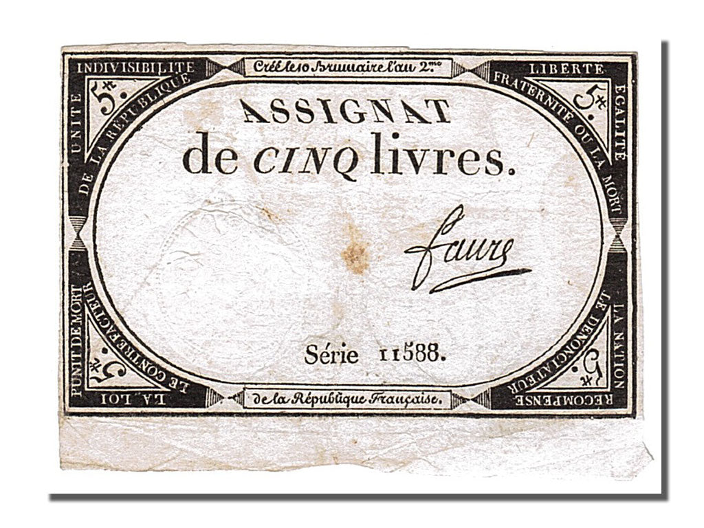 Francia, 5 Livres, 1793, Faure, 1793-10-31, BB, Lafaurie:171