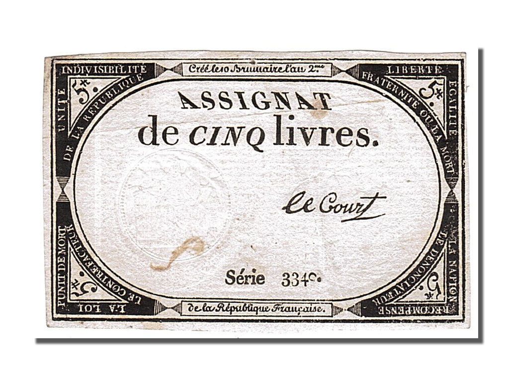 FRANCE, 5 Livres, 1793, 1793-10-31, EF(40-45), Lafaurie #171, FRANCE, 5 Livres,.
