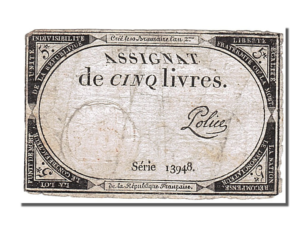 FRANCE, 5 Livres, 1793, 1793-10-31, EF(40-45), Lafaurie #171, FRANCE, 5 Livres,.