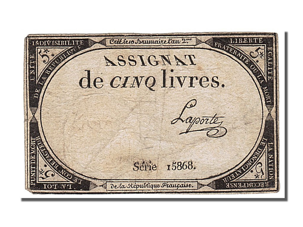FRANCE, 5 Livres, 1793, 1793-10-31, EF(40-45), Lafaurie #171, FRANCE, 5 Livres,.