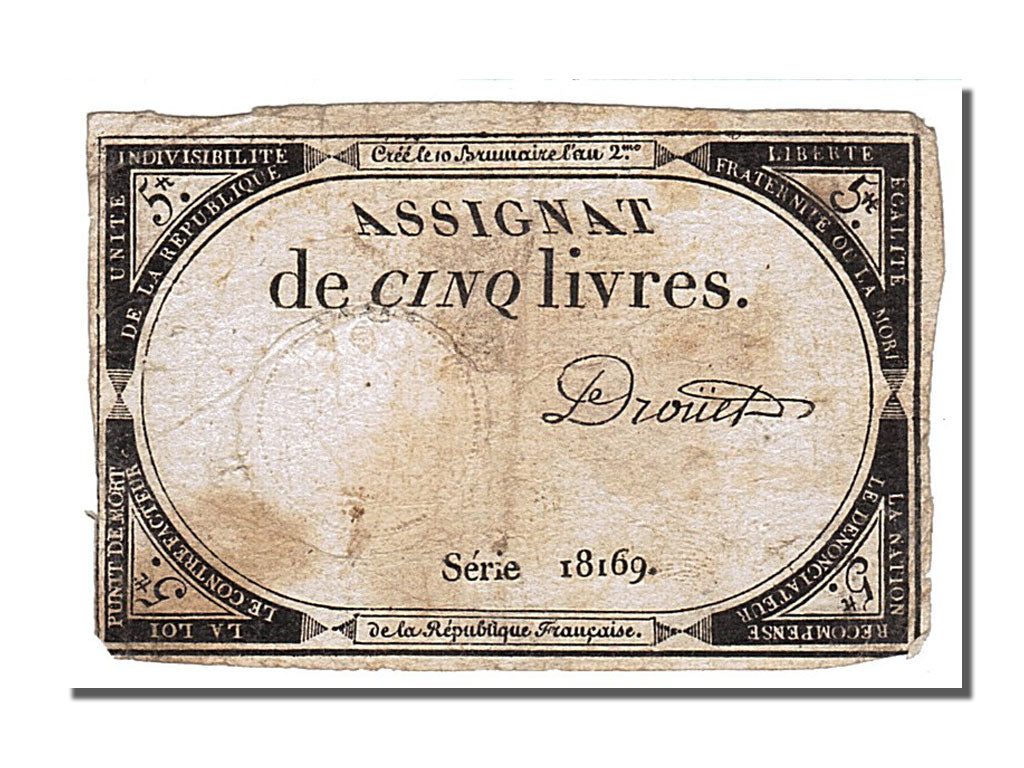 FRANCE, 5 Livres, 1793, 1793-10-31, EF(40-45), Lafaurie #171, FRANCE, 5 Livres,.