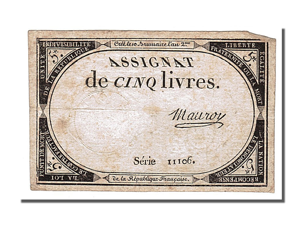 FRANCE, 5 Livres, 1793, 1793-10-31, EF(40-45), Lafaurie #171, FRANCE, 5 Livres,.