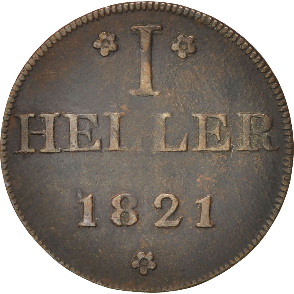 German States, FRANKFURT AM MAIN, Heller, 1821, EF(40-45), Copper, KM:301
