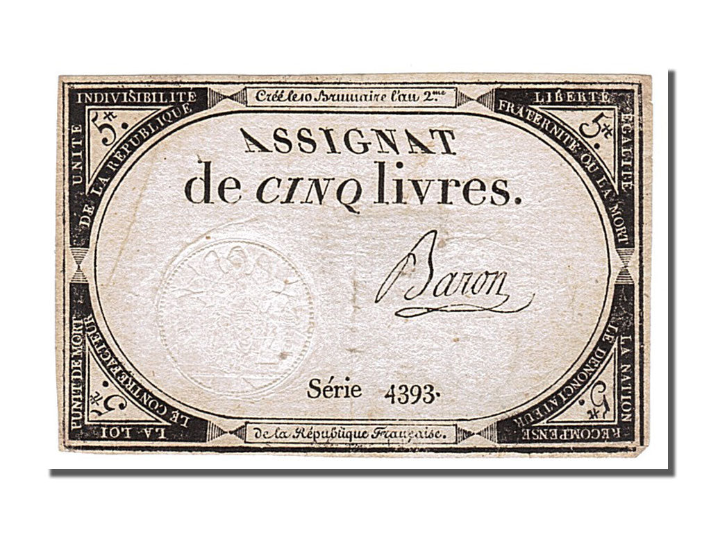 FRANCE, 5 Livres, 1793, 1793-10-31, EF(40-45), Lafaurie #171, FRANCE, 5 Livres,.