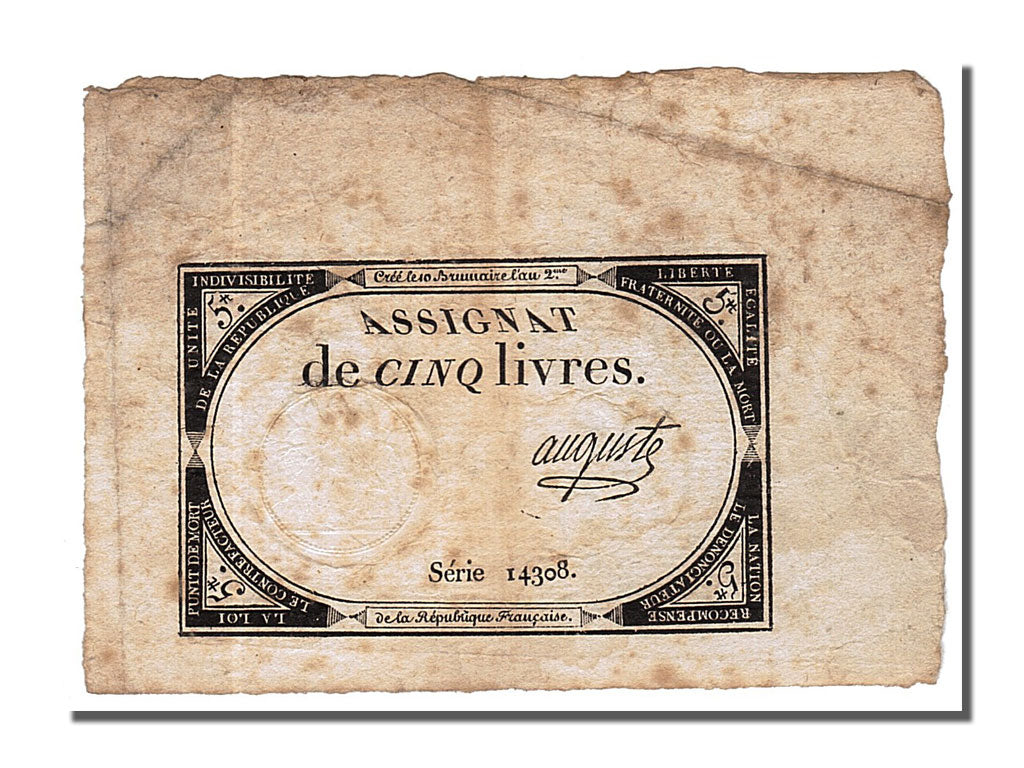 FRANCE, 5 Livres, 1793, 1793-10-31, EF(40-45), Lafaurie #171, FRANCE, 5 Livres,.