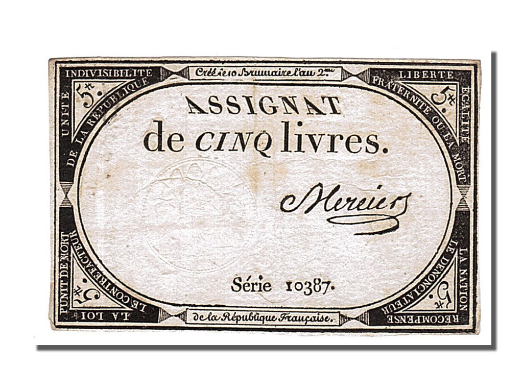FRANCE, 5 Livres, 1793, 1793-10-31, EF(40-45), Lafaurie #171, FRANCE, 5 Livres,.
