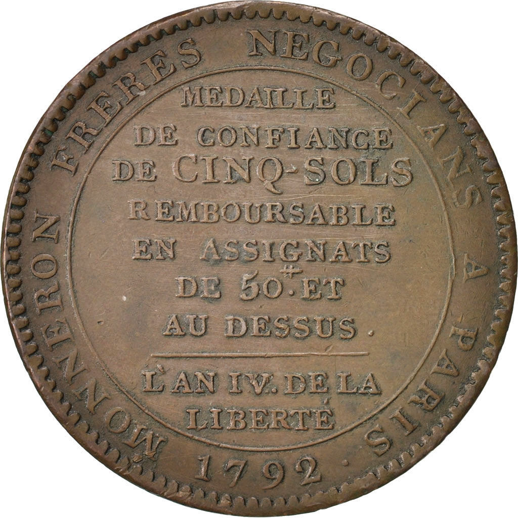 France, 5 Sols Monneron, 1792, AU(50-53), Bronze, KM:Tn31, Brandon:223B