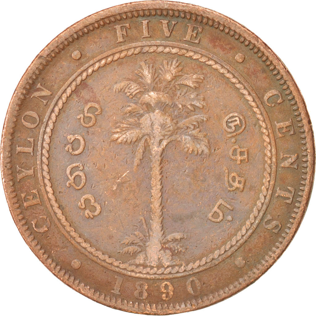Ceylon, Victoria, 5 Cents, 1890, VF(20-25), Copper, KM:93