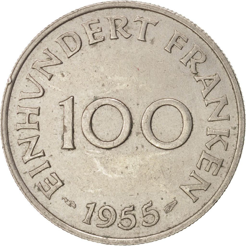 SAARLAND, 100 Franken, 1955, Paris, AU(55-58), Copper-nickel, KM:4