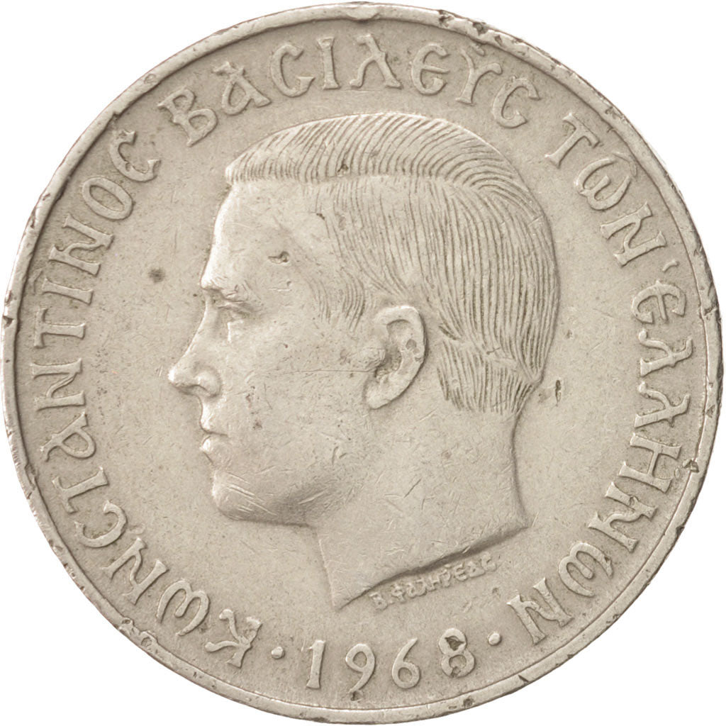 Coin, Greece, Constantine II, 10 Drachmai, 1968, EF(40-45), Copper-nickel, KM:96