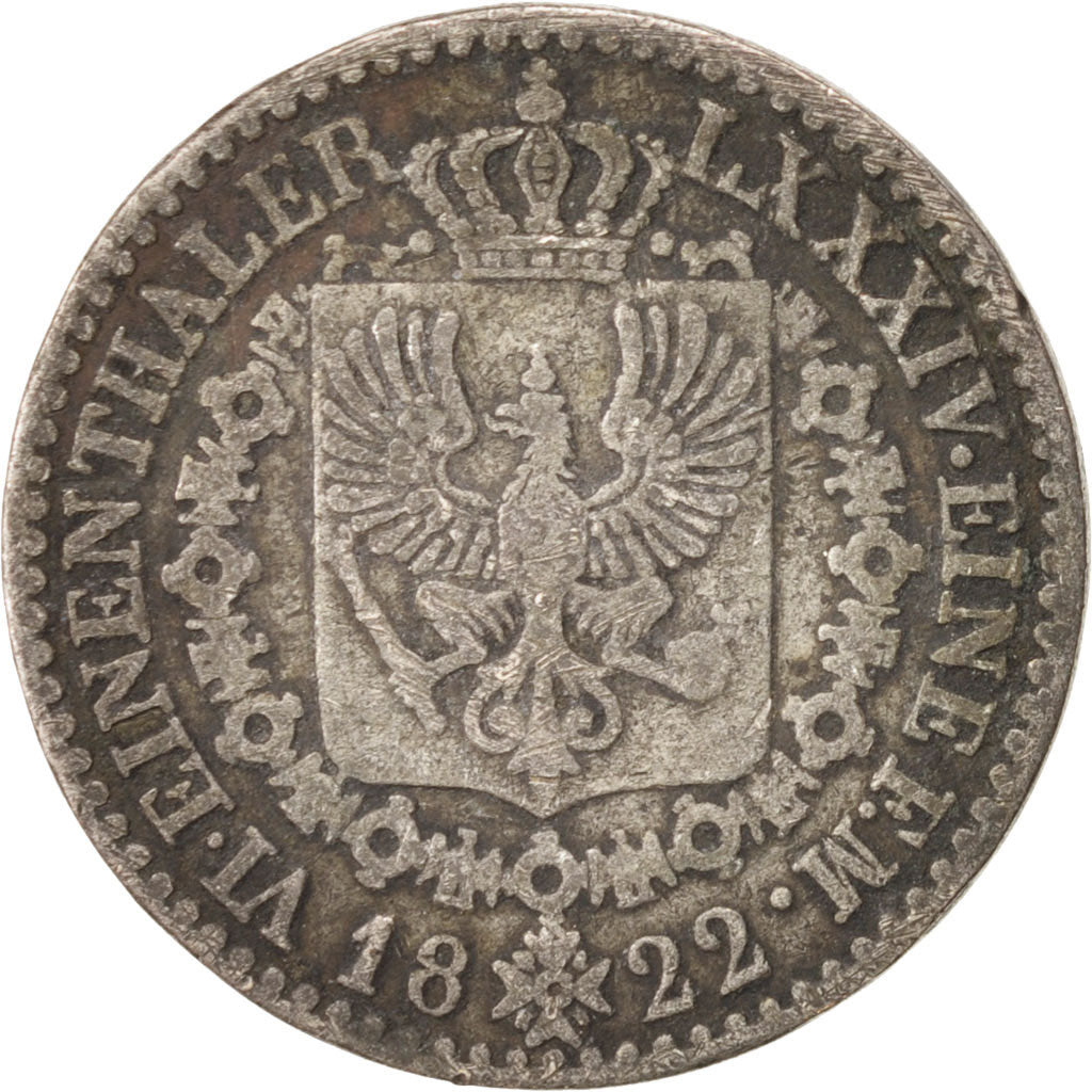 German States, PRUSSIA, Friedrich Wilhelm III, 1/6 Thaler, 1822, VF(20-25),KM411