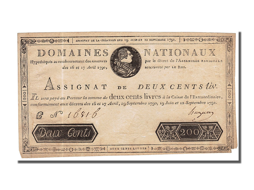 Banknote, France, 200 Livres, 1791, Hugues, 1791-09-12, AU(50-53), KM:A47