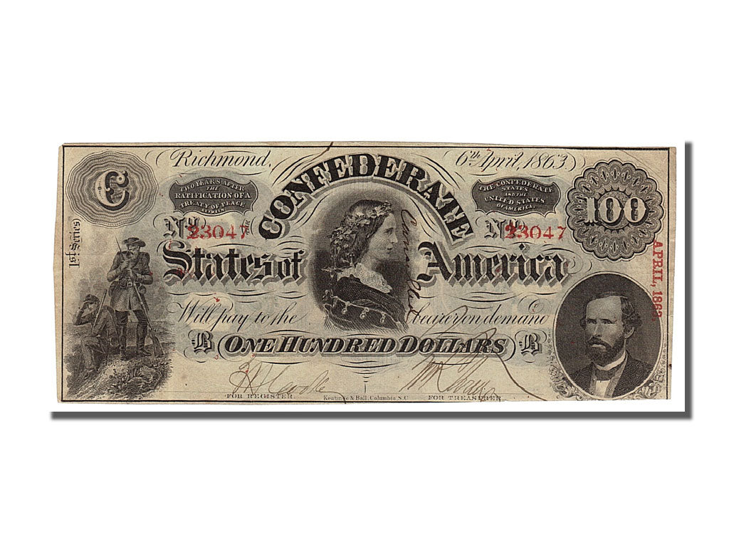 Billete, 100 Dollars, 1863, Estados Confederados de América, 1863-04-06, MBC+