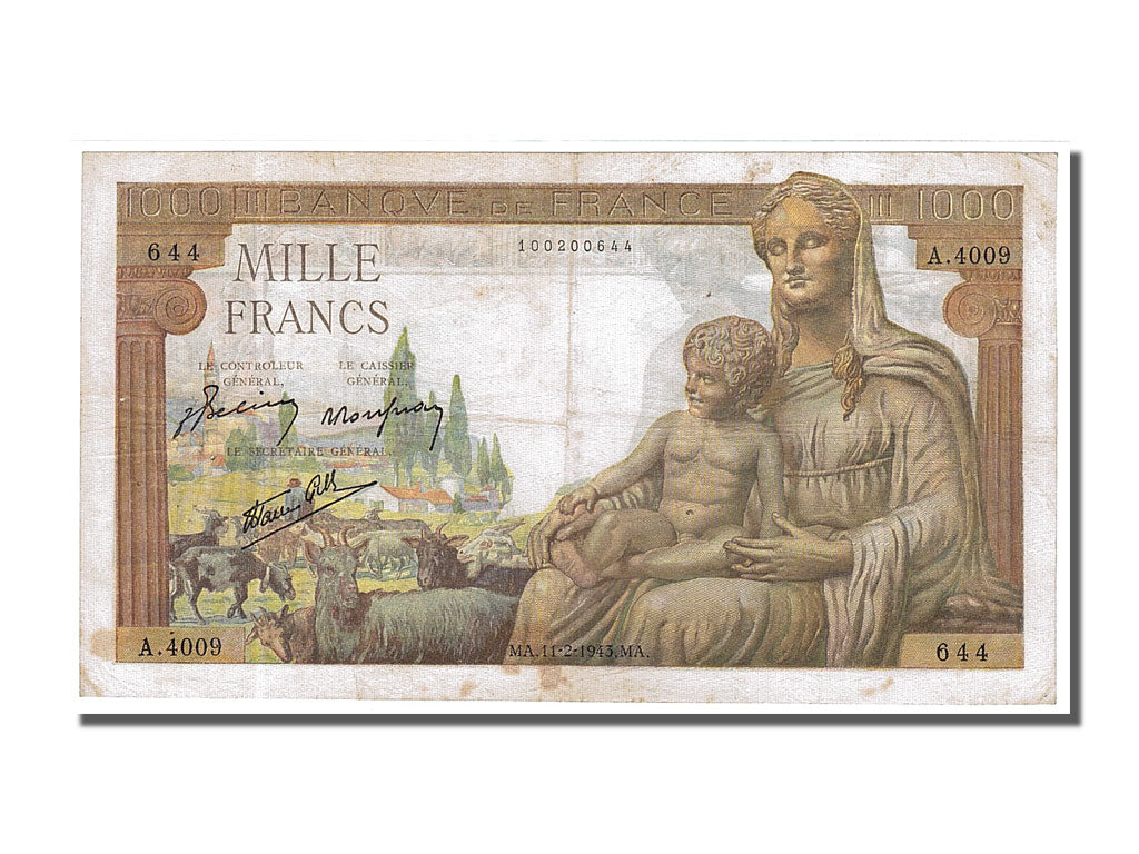 France, 1000 Francs, 1 000 F 1942-1943 ''Déesse Déméter'', 1943, KM #102, 194...