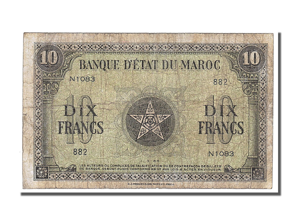 Morocco, 10 Francs, 1944, KM #25a, 1944-03-01, VF(20-25), N1083