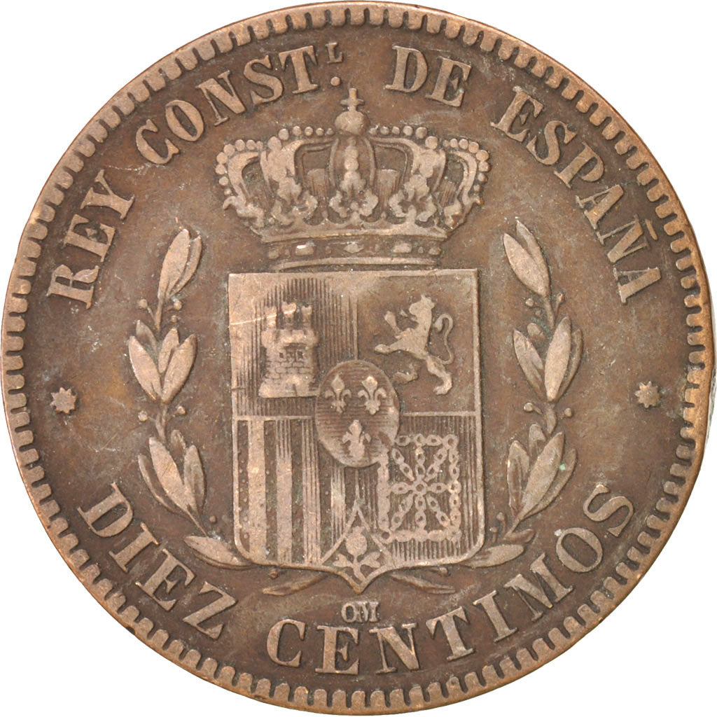 Spain, Alfonso XII, 10 Centimos, 1877, EF(40-45), Bronze, KM:675