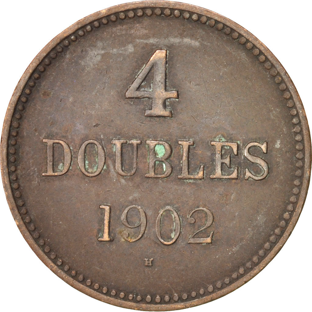 Guernsey, 4 Doubles, 1902, Heaton, Birmingham, EF(40-45), Bronze, KM:5