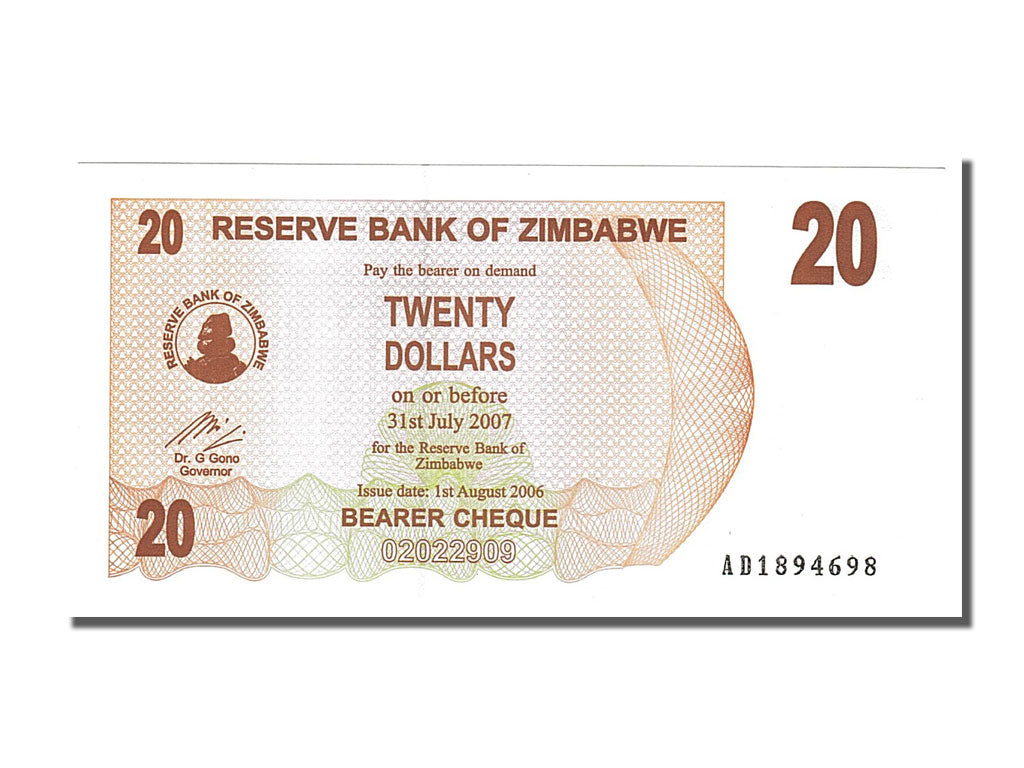 Banknote, Zimbabwe, 20 Dollars, 2006, 2006-08-01, UNC(65-70)