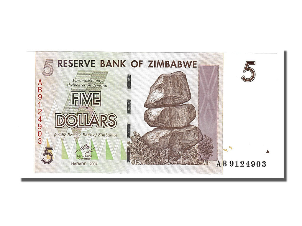 Banconote, Zimbabwe, 5 Dollars, 2007, FDS