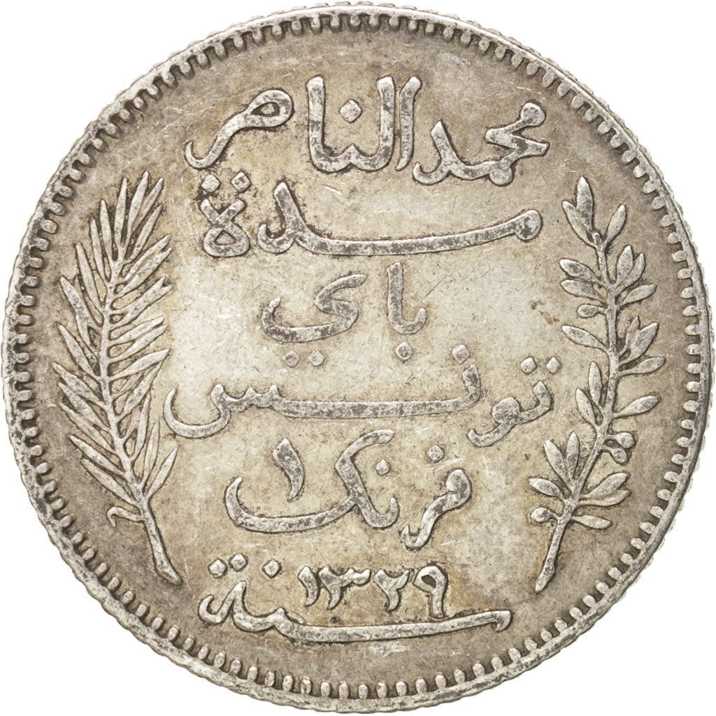 Tunisia, Muhammad al-Nasir Bey, Franc, 1911, Paris, EF(40-45), Silver, KM:238