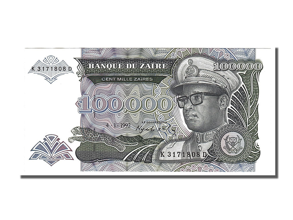 Banknote, Zaire, 100,000 Zaïres, 1992, 1992-01-04, UNC(65-70)