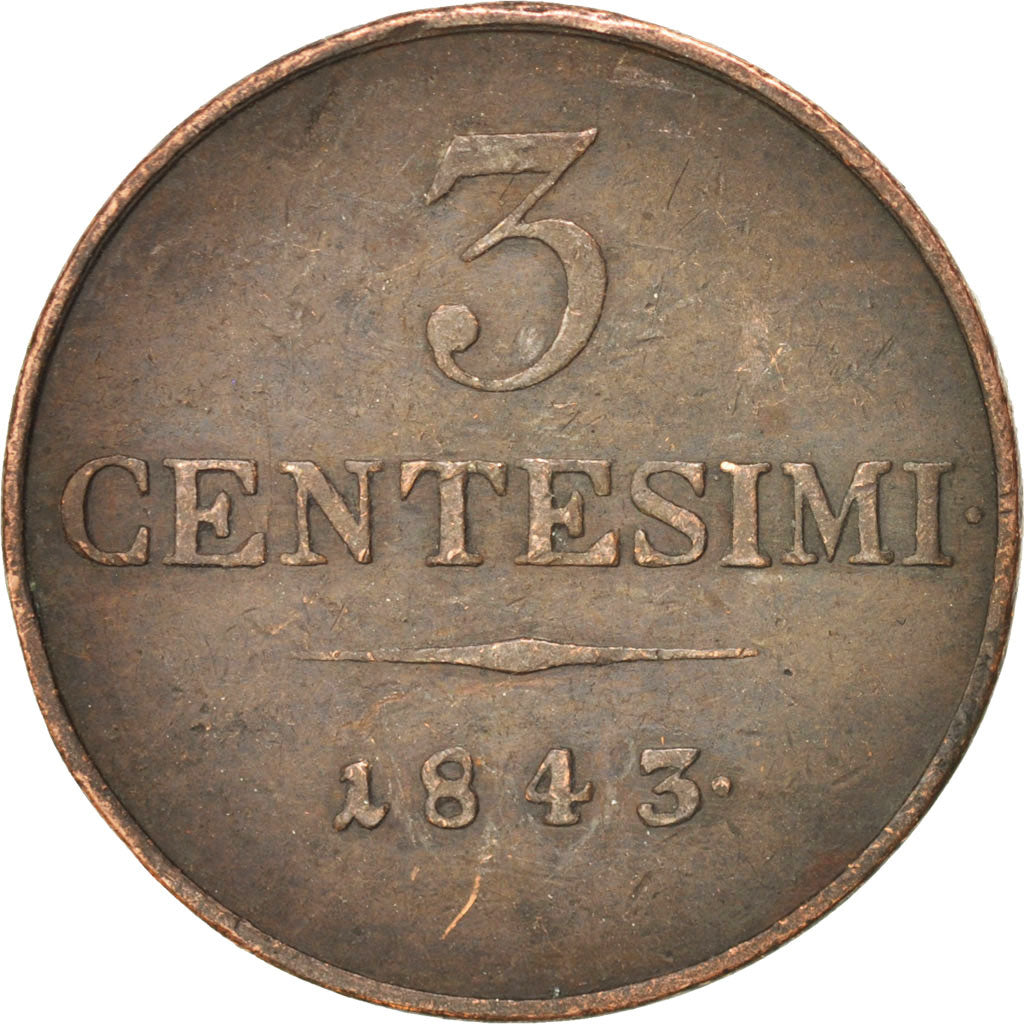 ITALIAN STATES, LOMBARDY-VENETIA, 3 Centesimi, 1843, Milan, EF(40-45), KM 13.1