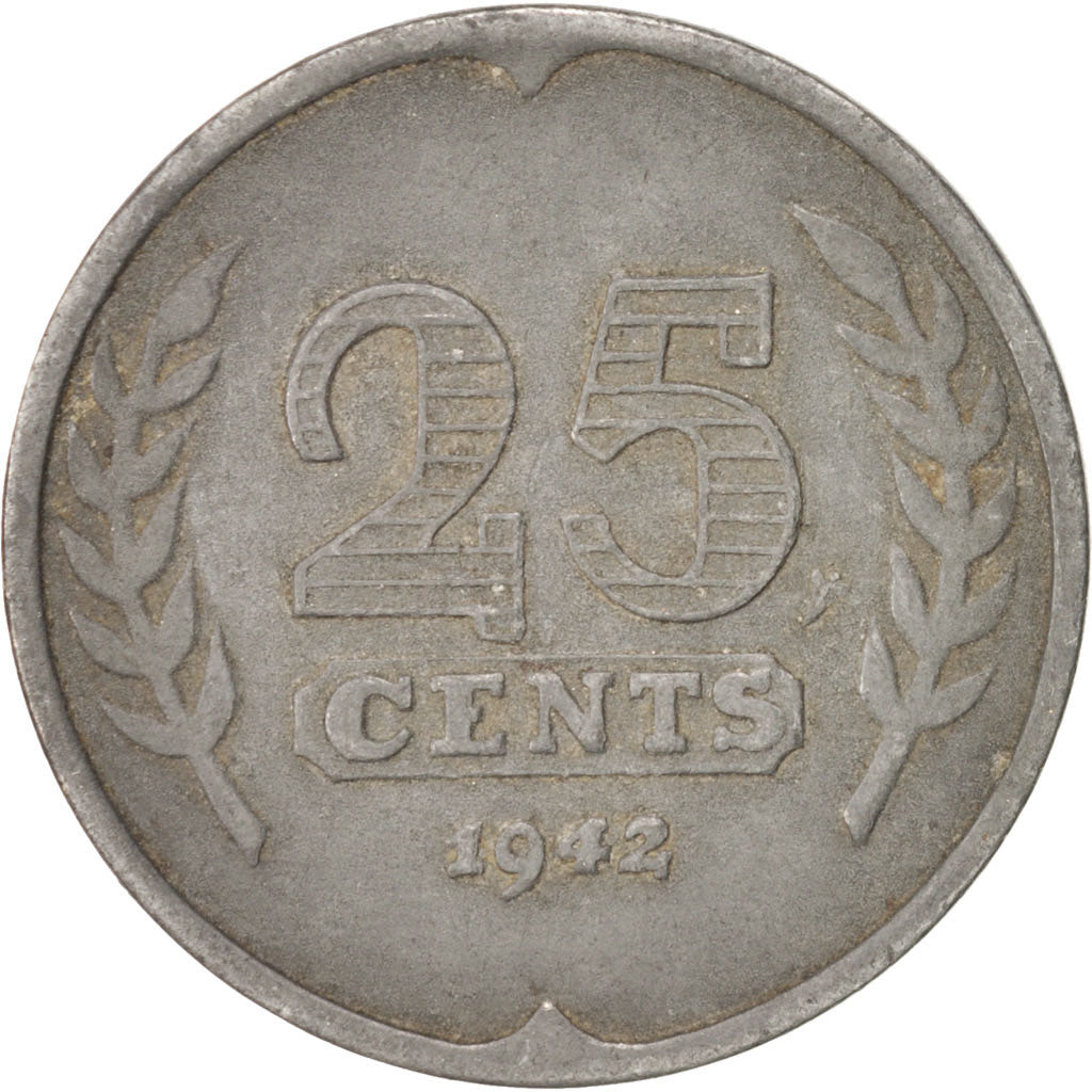Netherlands, Wilhelmina I, 25 Cents, 1942, EF(40-45), Zinc, KM:174
