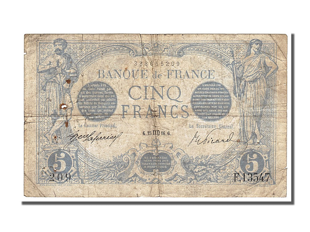 Banknote, France, 5 Francs, 5 F 1912-1917 ''Bleu'', 1916, 1916-08-25, VF(20-25)