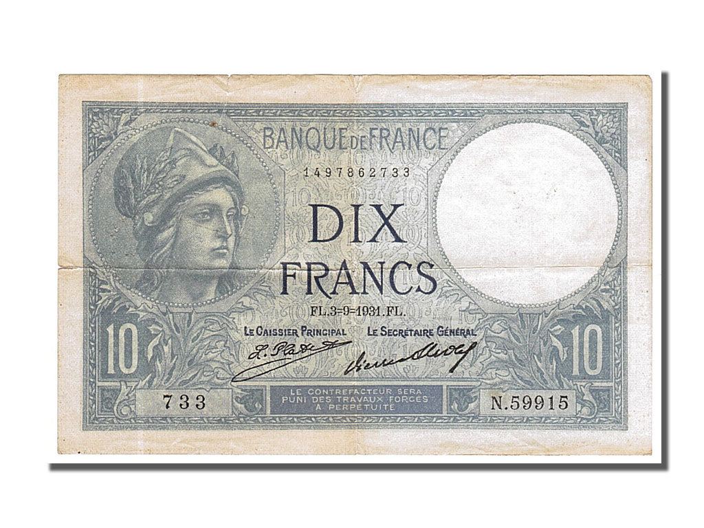 France, 10 Francs, 10 F 1916-1942 ''Minerve'', 1931, KM #73d, 1931-09-03,...