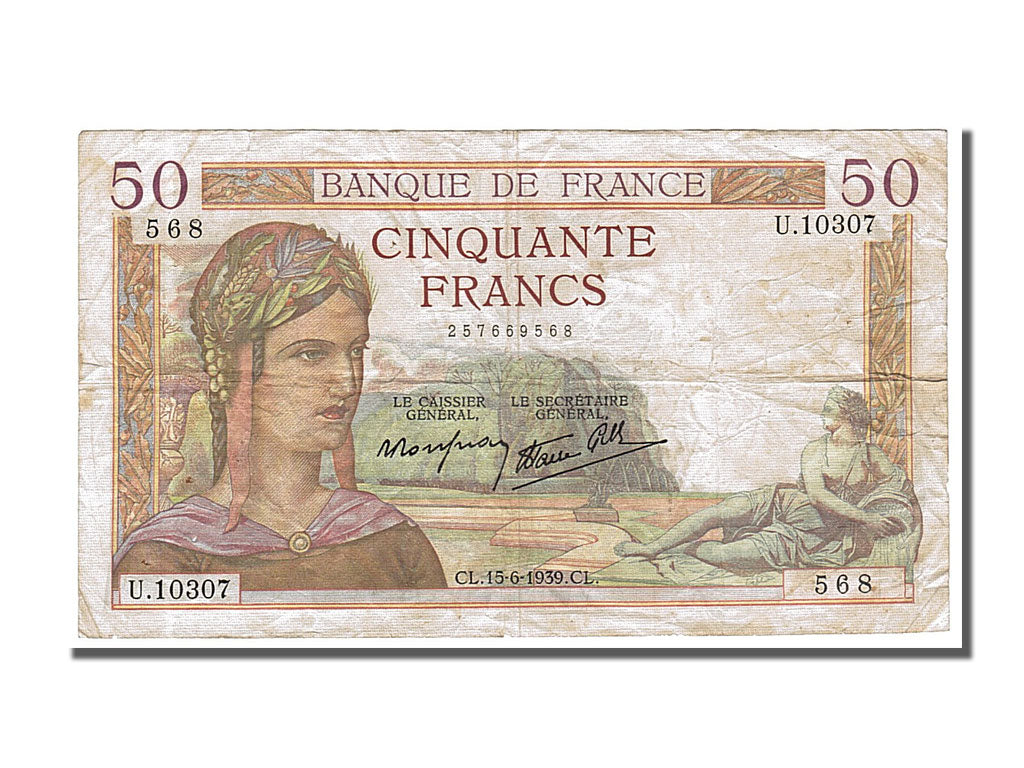 Francia, 50 Francs, 50 F 1934-1940 ''Cérès'', 1939, KM:85b, 1939-06-15, MB+...