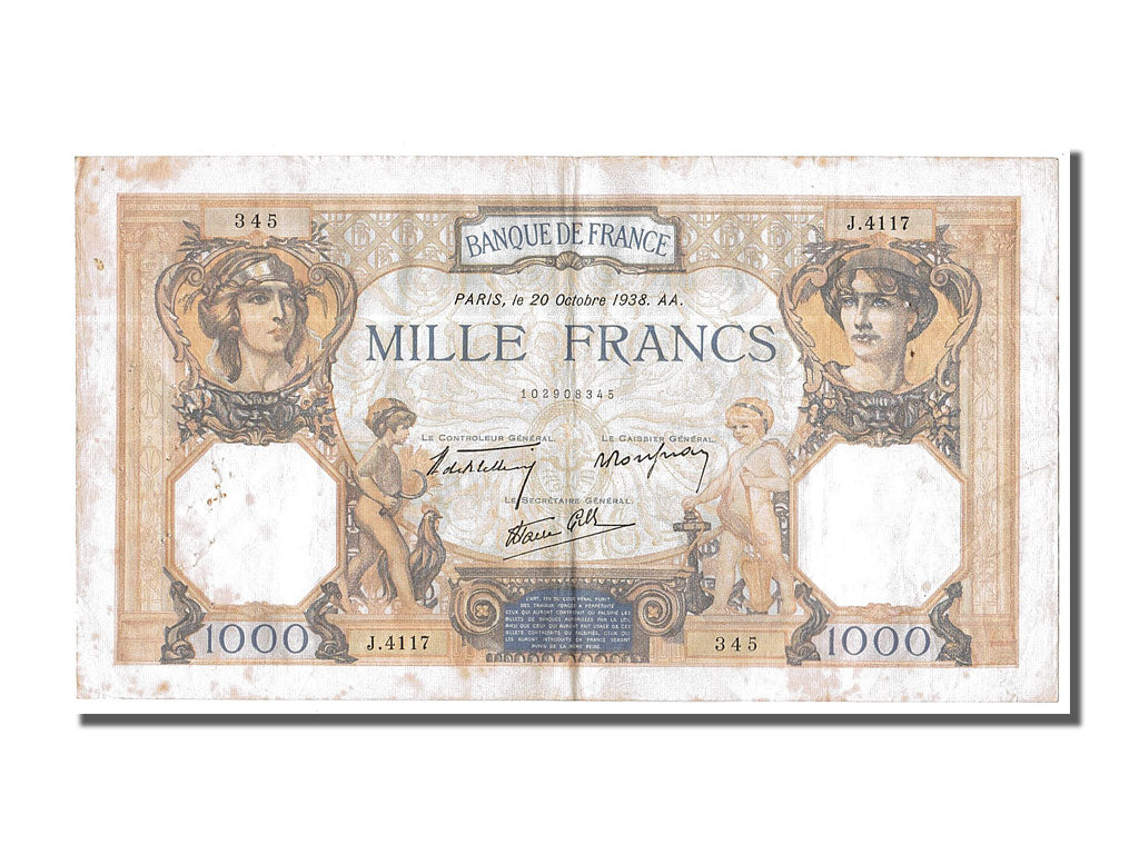 France, 500 Francs, 1 000 F 1927-1940 ''Cérès et Mercure'', 1938, KM #88c, 1...