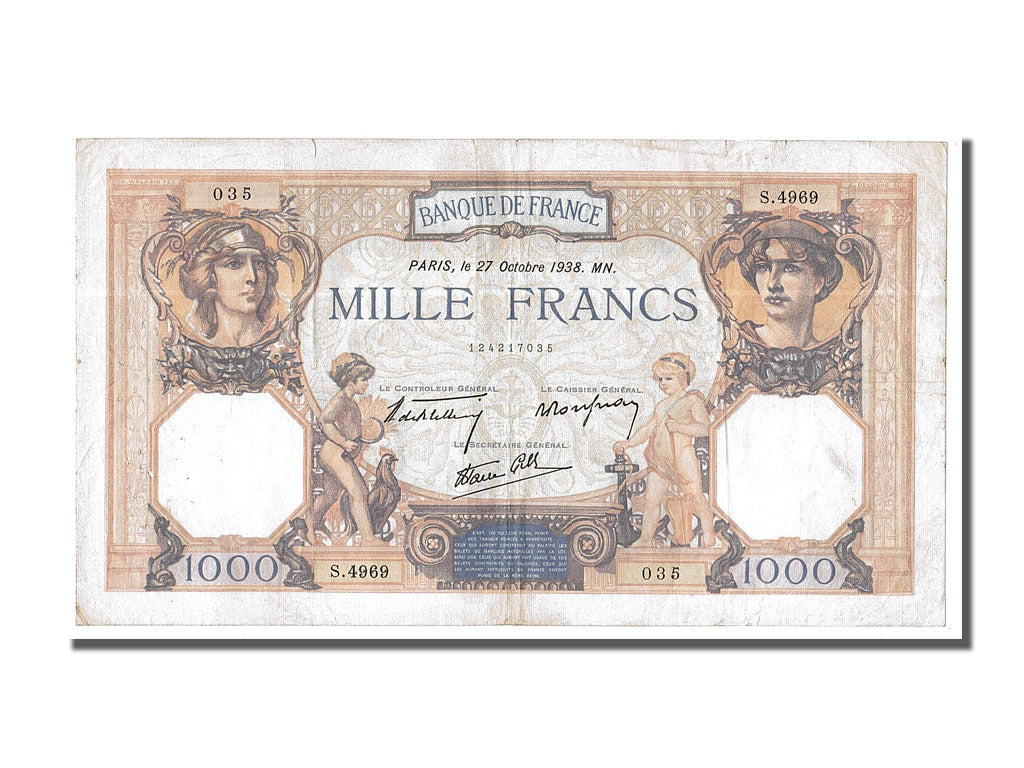 France, 500 Francs, 1 000 F 1927-1940 ''Cérès et Mercure'', 1938, KM #88c, 1...