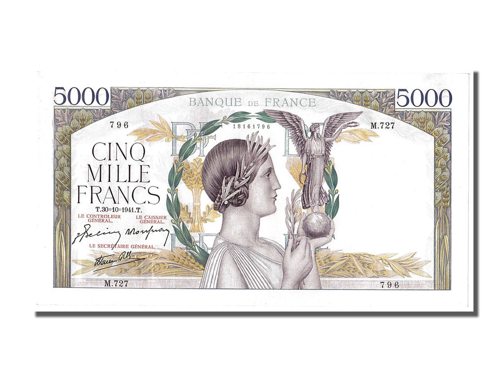 France, 5000 Francs, 5 000 F 1934-1944 ''Victoire'', 1941, KM #97c, 1941-10-30,.
