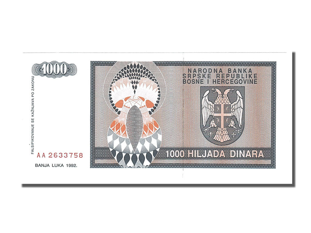 Banknote, Bosnia - Herzegovina, 1000 Dinara, 1992, UNC(65-70)